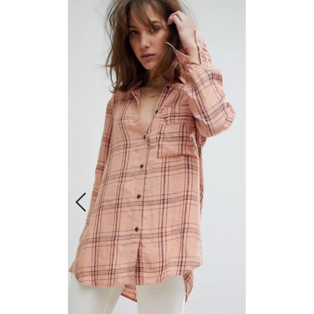 Free People No Limits 100% Linen Button Front & Back Shirt S Peach Orange Plaid